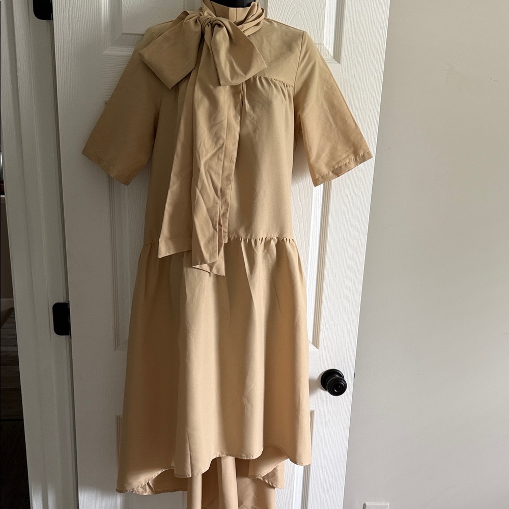 Zanzea Beige Tie-Neck High-Low Midi Dress